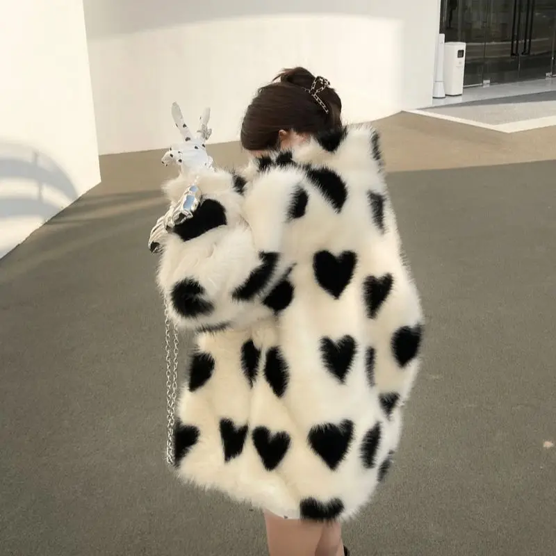 

Rich Girl Style Black White Heart Faux Fur Coat for Women Thick Warm Winter Jacket Youth Trendy Eco Friendly Plush Outerwear