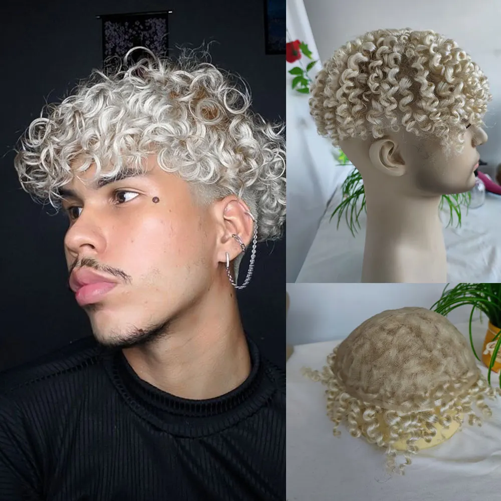 Kinky Curly Human Hair Toupee for Men Hairpiece Full Lace European Real Human Hair 10x8Inch 60# White Color