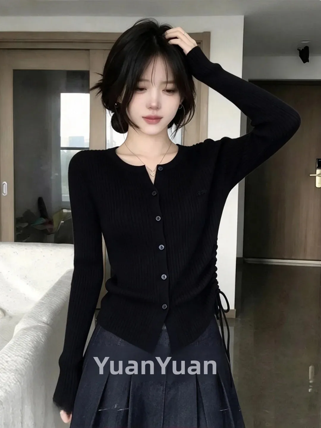 Black round Neck Button up Knitted Cardigan Women's Slim Fit Long Sleeve Sweater Outerwear Trendy Casual Style Autumn Winter