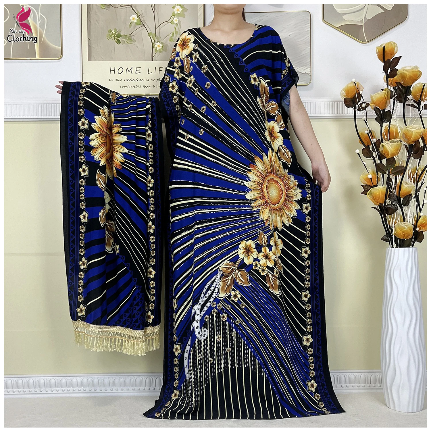 

New Dubai Evening Party Lady Dress With Big Scarf Floral Print Cotton African Dashiki Woman Short Sleeve Maxi Islam Loose Abaya