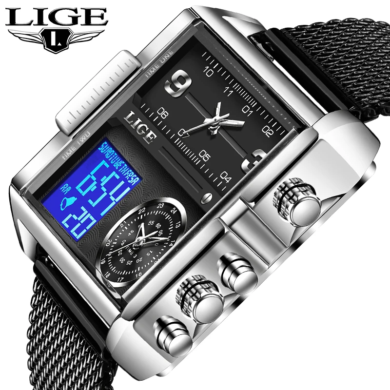 LIGE Men Digital Watch Military Sports Double Display Big Watches Fashion Waterproof Electronic Wristwatch Men Relogio Masculino