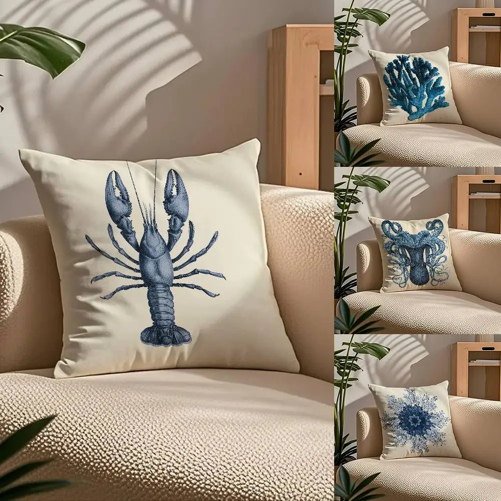 

B-Blue S-Sea C-Creature Coral Shrimp Pillow Case Comfort Sofa Bed Silky Elegant Invisible Zipper Custom Decorative Cushion Cover