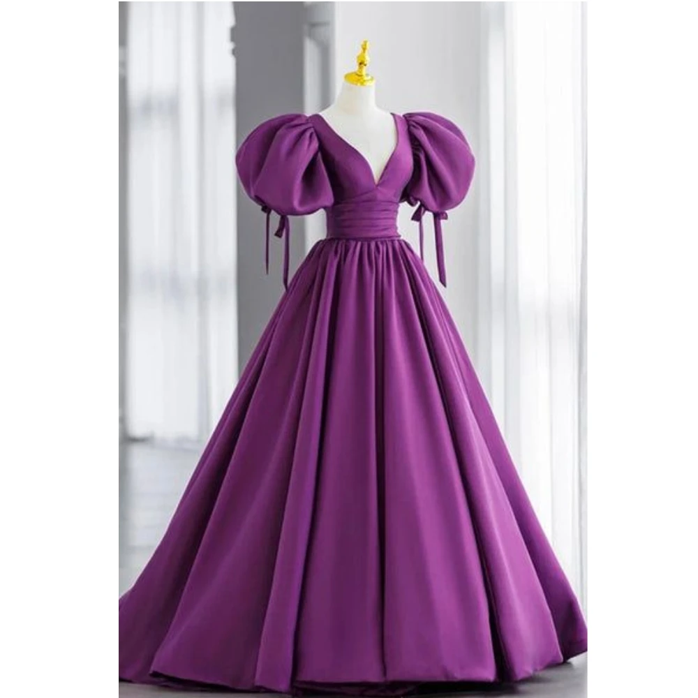 Robe de Soirée Violette à Manches Bouffantes, Tenue de Bal Simple, Formelle, Personnalisée, P2489