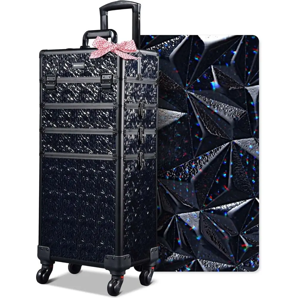 

Большой косметический чемодан-тележка 4-в-1 на колесах, идеально подходит для профессионалов красоты, цвет «Русалка» черный