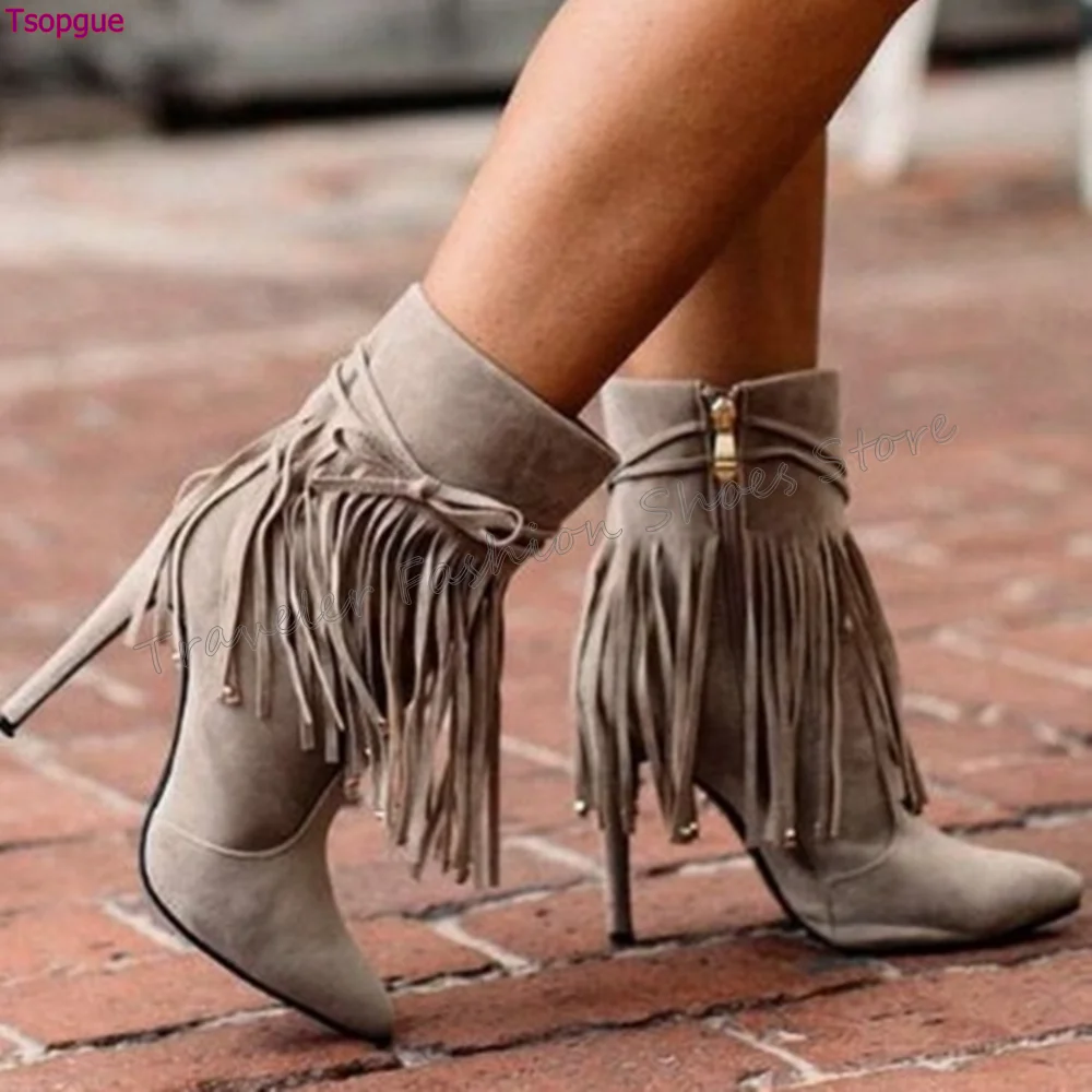 

Grey Tassel Decor Side Zipper Boots Fashion Stilettos High Heels High Heel Shoes for Women Heels 2025 New Zapatos Para Mujere