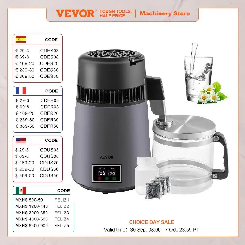 VEVOR 4L Pure Water Distiller Dental Distilled Filter Electric Distillation Purifier LED Display Water Bottle for Home Appliance