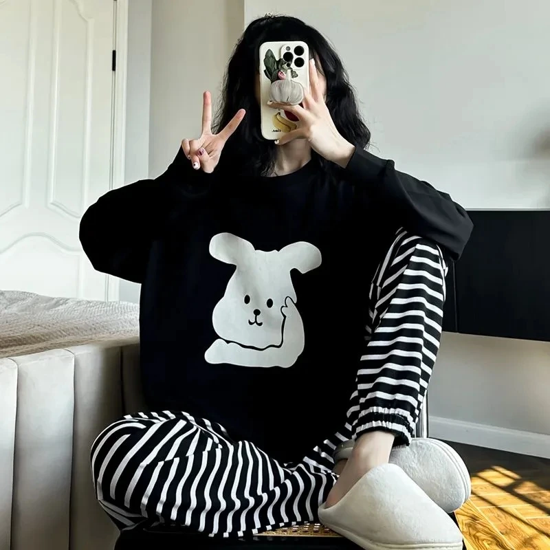 Plus Size 5XL 150KG Autumn Pajamas Set Women Cartoon Sleepwear O Neck Long Sleeve Women Nightwear Pajamas Set