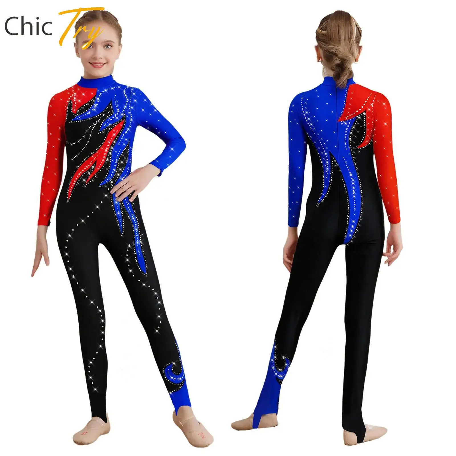

Girls Acrobatics Gymnastics Dance Jumpsuit Teens Long Sleeve Rhinestones Bodysuit Full Body Leotard for Ballet Figure Skating