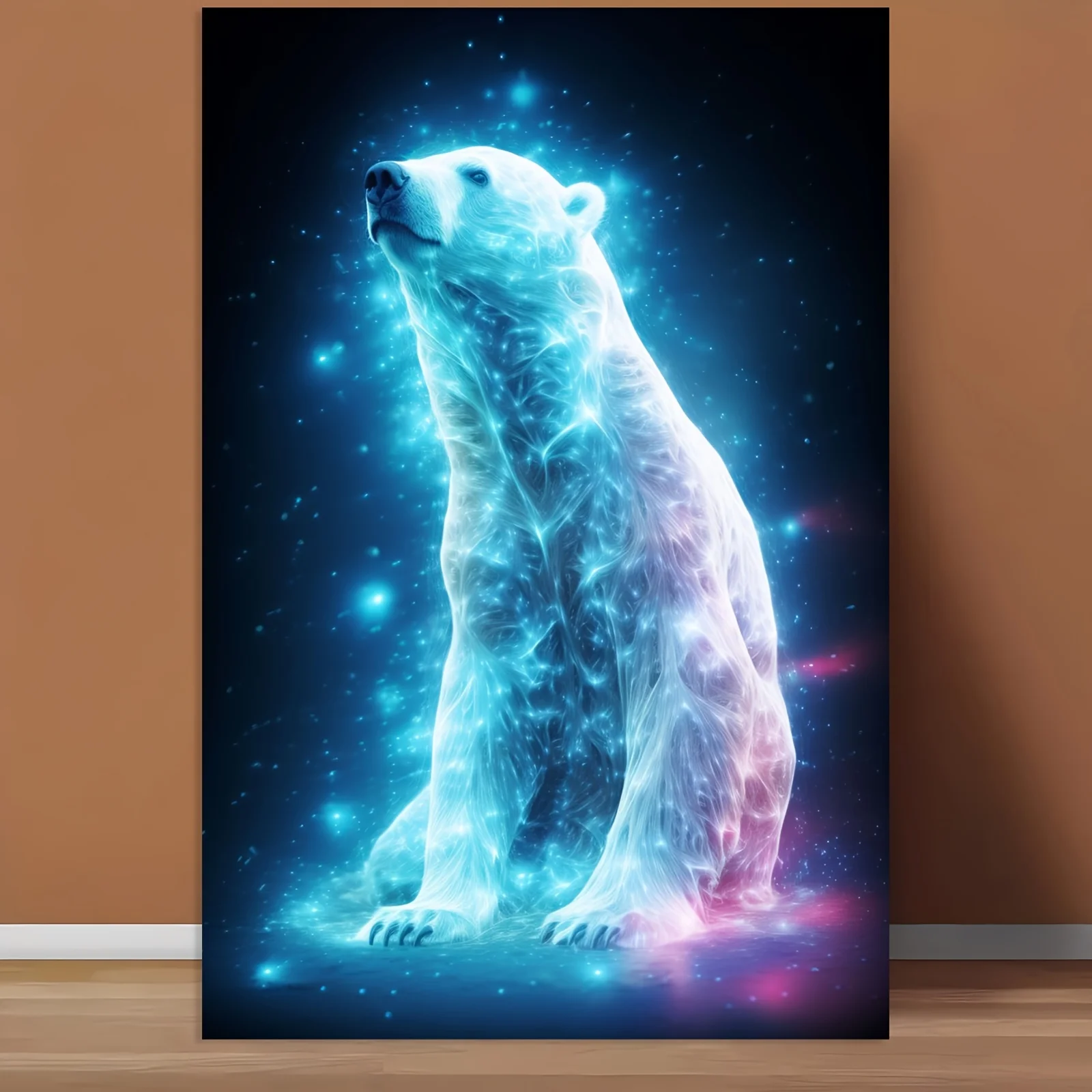 1pc Frameless Canvas Neon Polar Bear Nebula Wall Art, 12x18 Inch - Glowing Blue & Pink Cosmic Design for Bedroom, Living Room