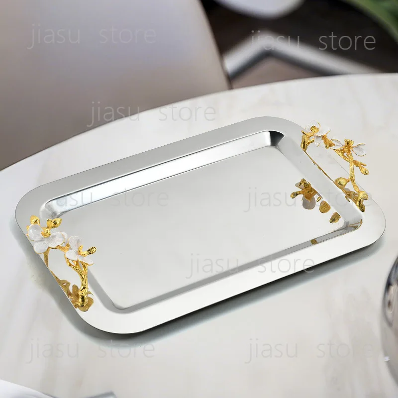 European Floral Stainless Steel Serving Tray, Round Square Decor Plate for Tableware Wine Cup Storage Home Decor