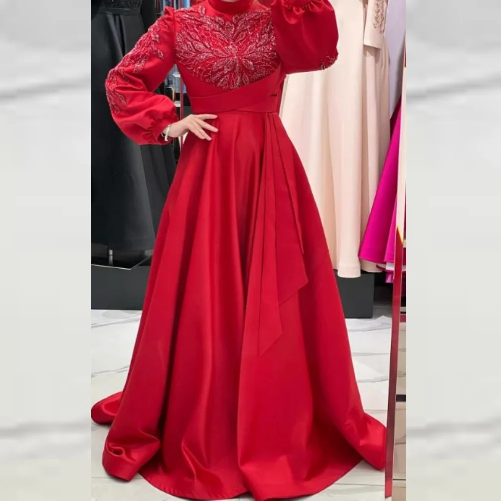 Customized Jersey Applique Sequined Beading Ruched Clubbing A-line High Collar Bespoke Occasion Gown Long Dresses