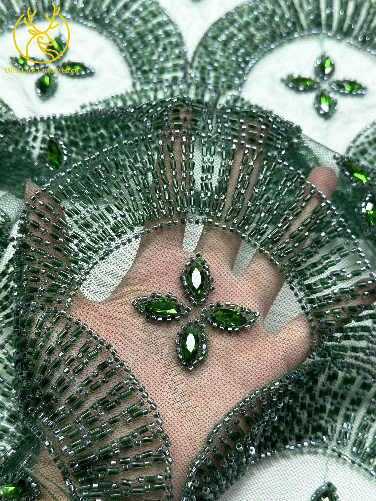 Smaragdgrüner Luxus Dubai Diamant-Perlen Tüll-Spitzenstoff Hochwertiger Afrikanischer Stein-Pailletten-Spitzenstoff für Abendkleider – Detail 9