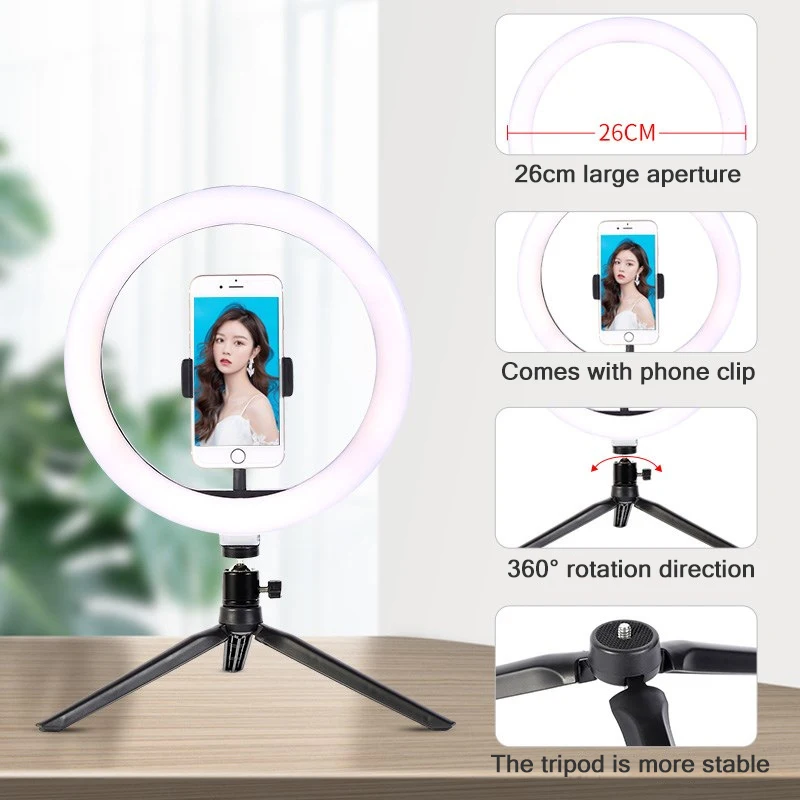 26cm 10 인치 Led 링 Selfie 빛 디 밍이 가능한 사진 조명 키트 라이브 비디오에 대 한 삼각대와 Usb 충전 램프 120 램프 구슬 썸네일 2