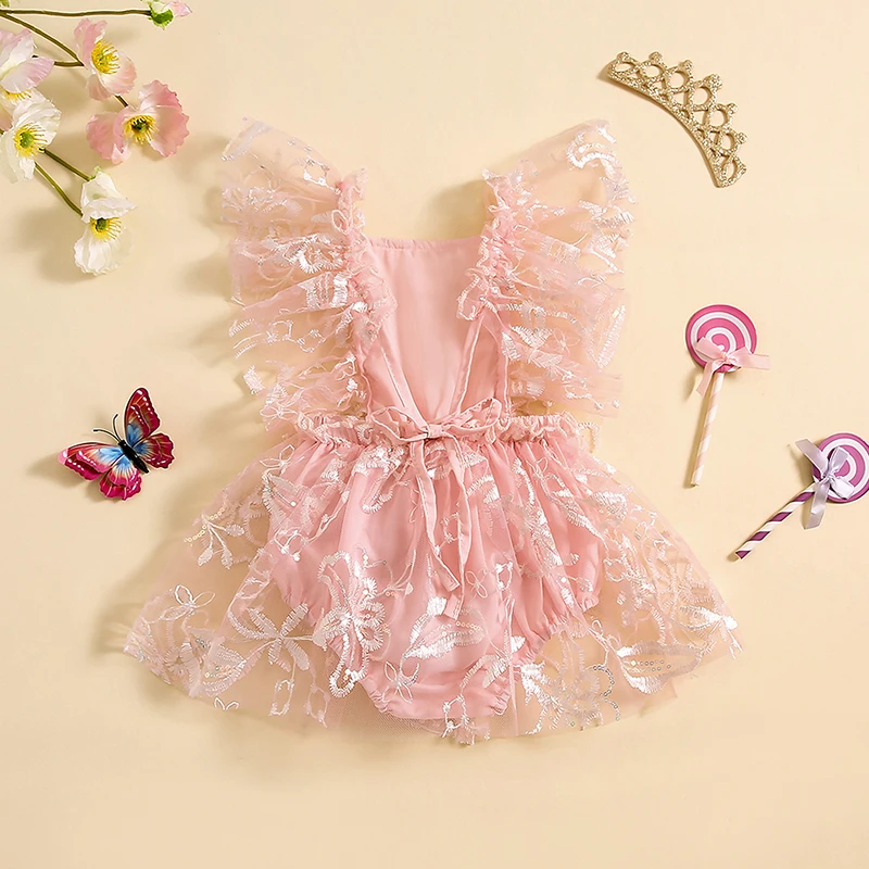 

Toddler Girl Summer Romper Dress with Cute Flower Embroidery Sleeveless Square Neckline and Open Back Design for a Stylish Look