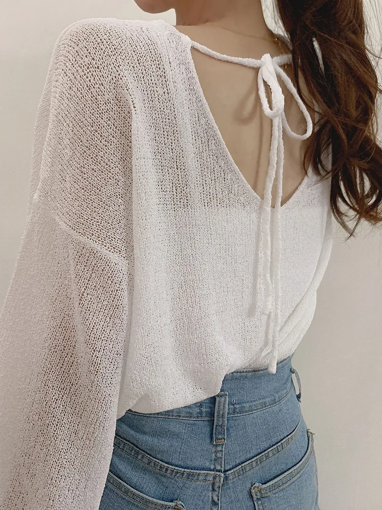 

Белый летний топ из ажурного трикотажа для женщин в корейском стиле, с V-образным вырезом, длинный рукав, для защиты от солнца и кондиционирования...