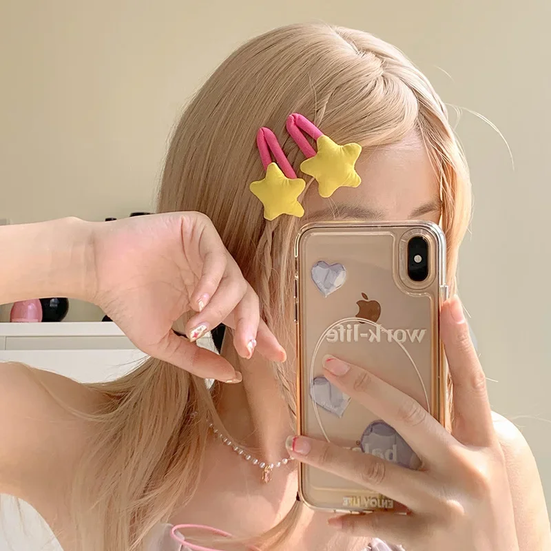 2pcsKorean Style New Cute Little Star Hairpin Girl's Sponge Clips New Bangs Clip Y2k Hair Accessories for Children Kids Headwear