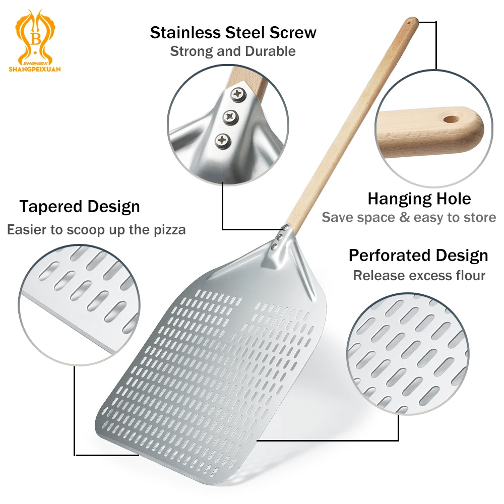 SHANGPEIXUAN Perforated Pizza Peel with Turning Pizza Peel Wood Handle Pizza Shovel Anodized Short Spatulas Baking Tools