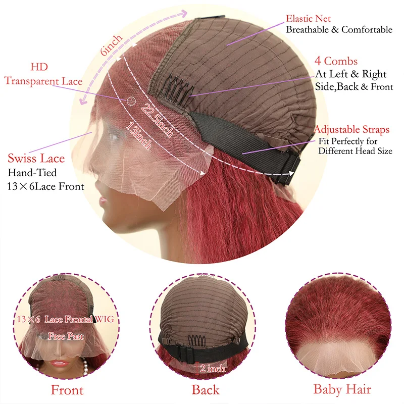 200% densidade 99j borgonha kinky em linha reta 13x6 peruca dianteira do laço cabelo humano brasileiro remy cabelo 99j colorido cabelo humano yaki peruca do laço