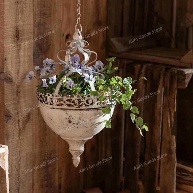 Vintage Metal Hanging Planter Iron Flower Basket Outdoor Courtyard Corridor Garden Suspended Plant Pot Home Decor