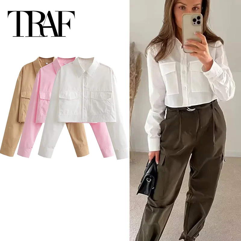 TRAF Cropped White Shirt Woman Summer Pink Crop Top Women Long Sleeve Blouses For Women 2024 Button Up Women's Casual Shirt