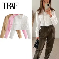 TRAF Cropped White Shirt donna Summer Pink Crop Top donna camicette a maniche lunghe per donna 2024 Button Up camicia Casual da donna