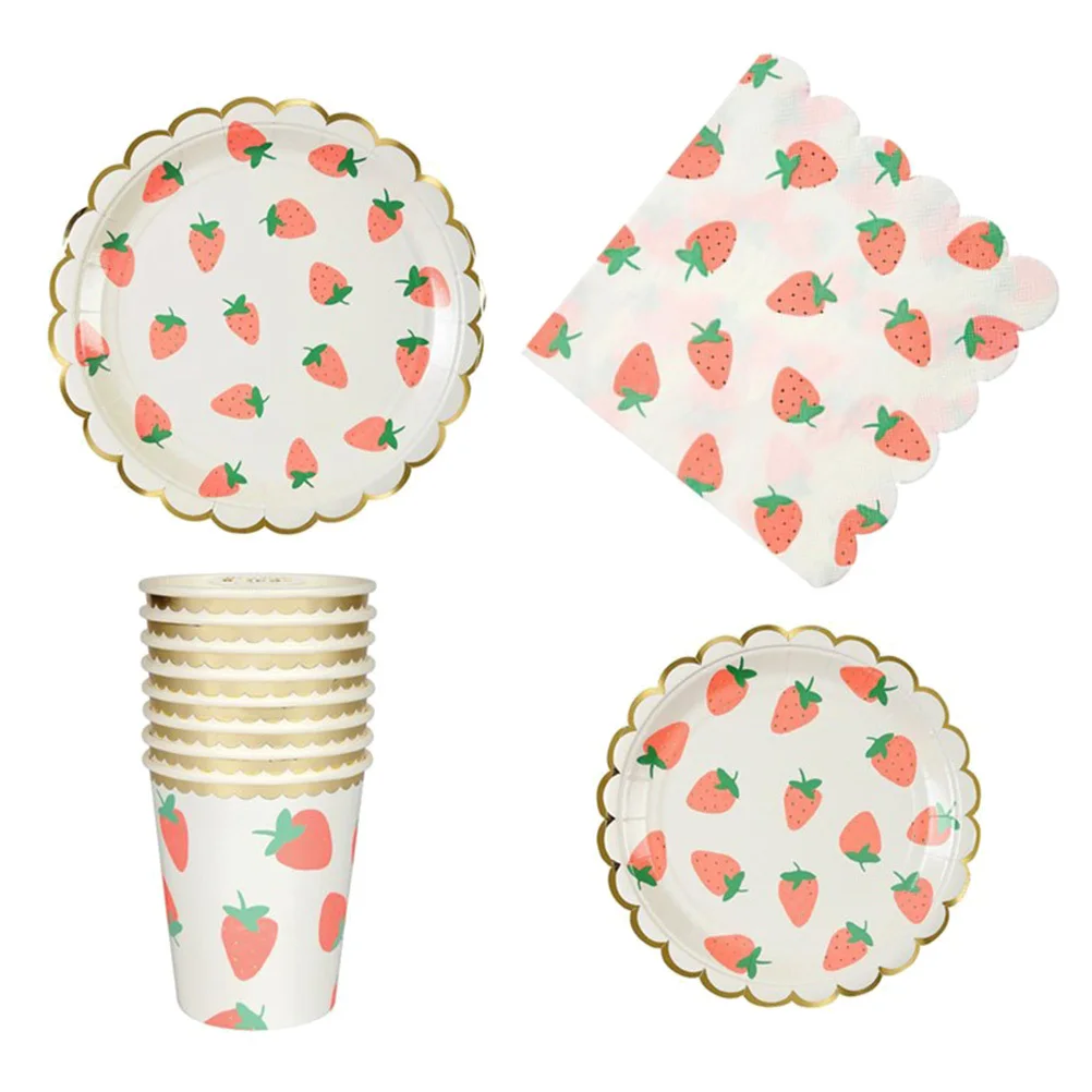 

40Pcs Summer Party Strawberry Paper Tableware Set Gilding Plates Cups Napkins Birthday Wedding Supplies Kit Party Supplies Kit