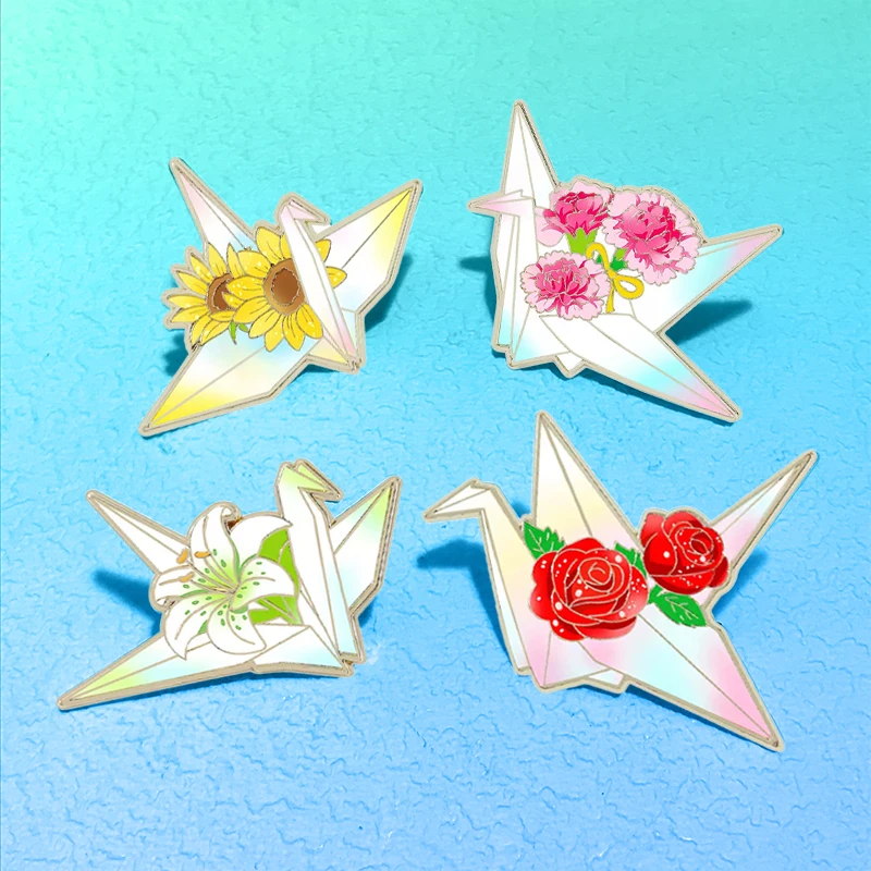 Cute Paper-Bird Design Pins 4-design Flower Crane Birds Brooch Pin For Clothes Backpack Metal Badge Friends Gifts