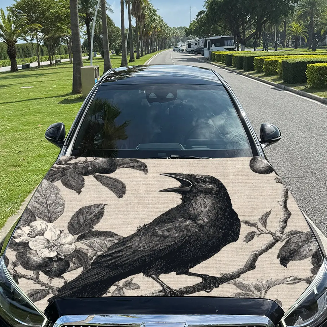 Car Decals Vintage - Style Raven on Branches Car Hood Sticker, Waterproof Self - Adhesive Vinyl Graphics Decals, Decorative Prot