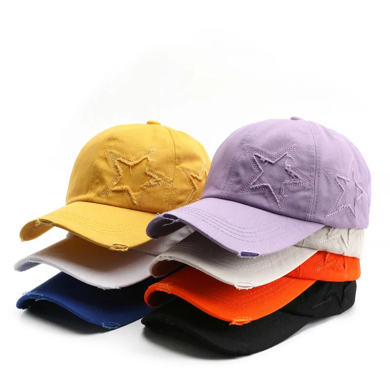 

2024 Unisex Washed Cotton Baseball Cap For Men Women Snapback Hat Bone Hip Hop Distressed Star Outdoor Sports Dad Hats