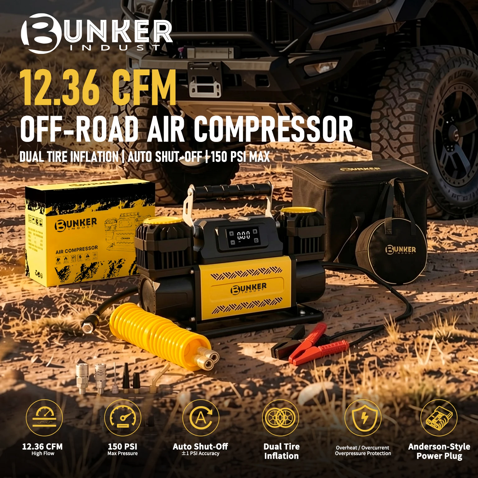 BUNKER 12V Portable Dual Cylinder Air Compressor 12.36CFM Heavy Duty Tire Inflator