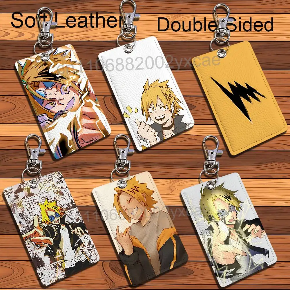 Neon lightning wind Denki Kaminari Rectangle ID Card Case Keychain Access Card Bag Key Tag Ring Leather Card Holder Key Ring