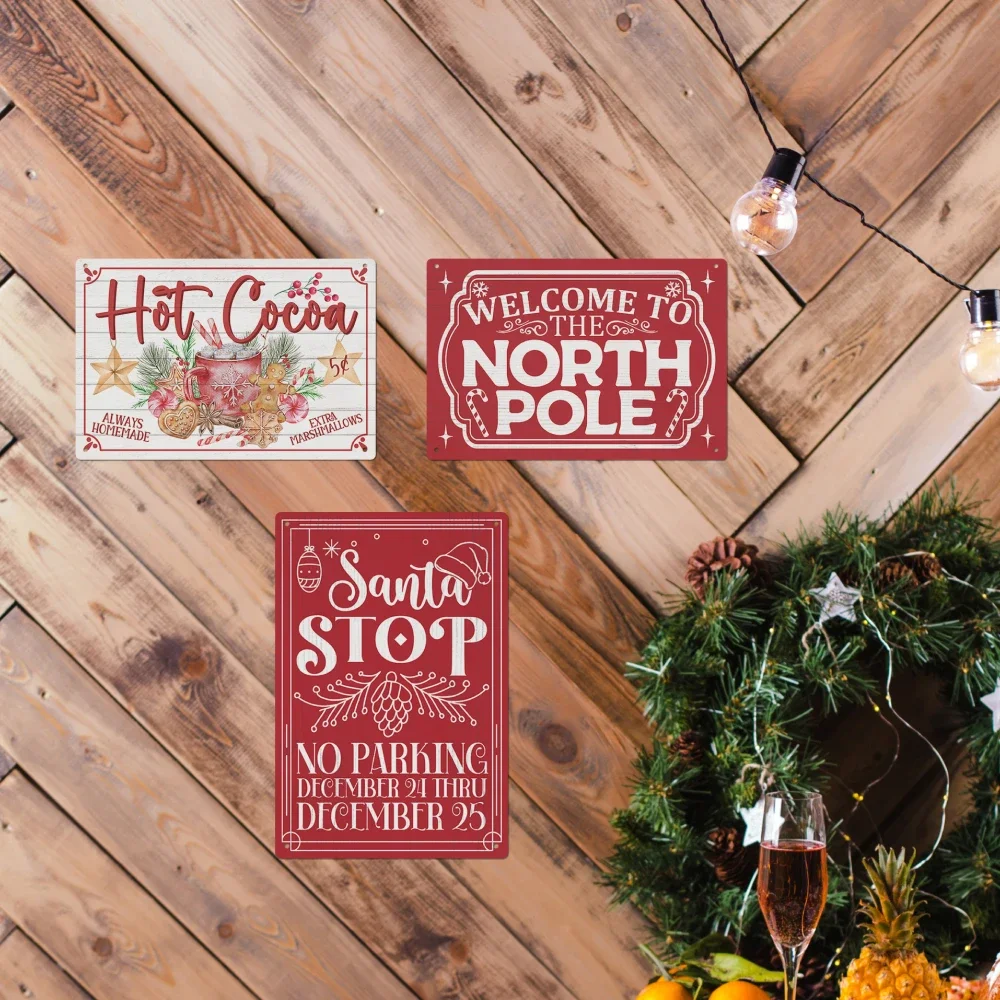 Putuo Decor 1pc Vintage Metal Tin Sign, Hot Cocoa Welcome to the North Pole Santa Stop, for Xmas Party, Christmas Gift