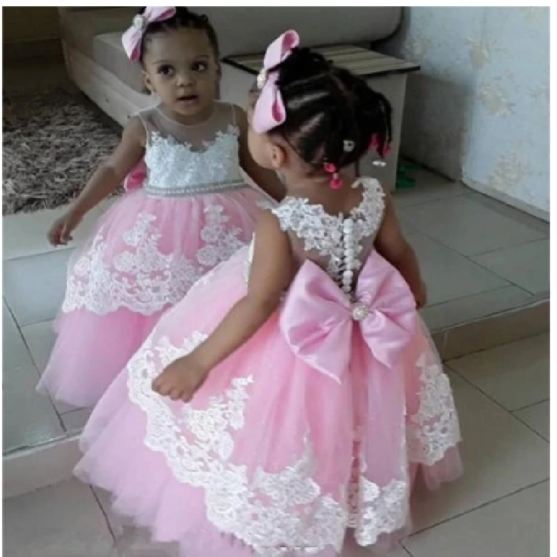 

New Arrivals Pink Bow Knot Lace Ball Gowns Flower Cute Girls Pageant Dresses With First Communion Dresses For Weddings