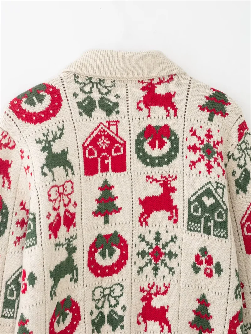 سترة نسائية 2025 شتاء جديد الجاكار طويلة الأكمام عيد الميلاد الزخرفية نمط سترة مشغولة من الصوف سترة موضة عادية #5
