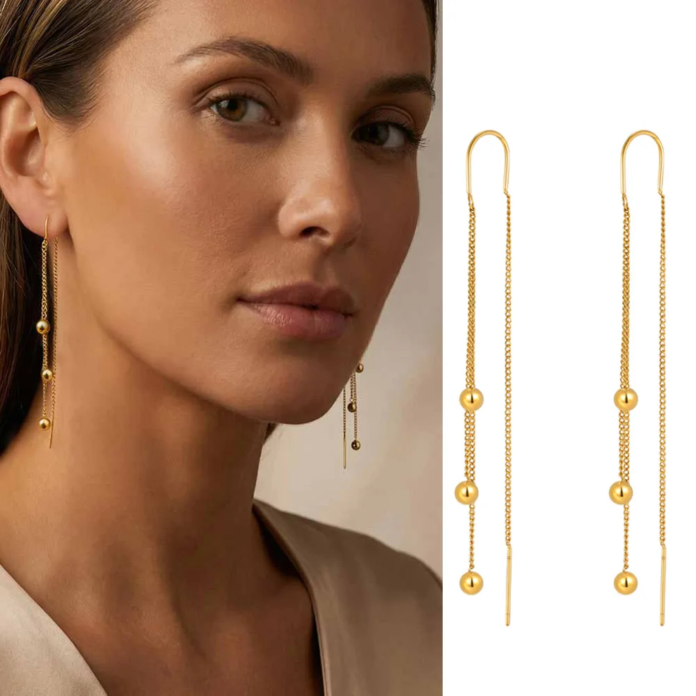 Charms Stainless Steel Ball Long Drop Dangle Earrings for Women, Gold Color Threader Chain Earring Findings Jewelry Accessories