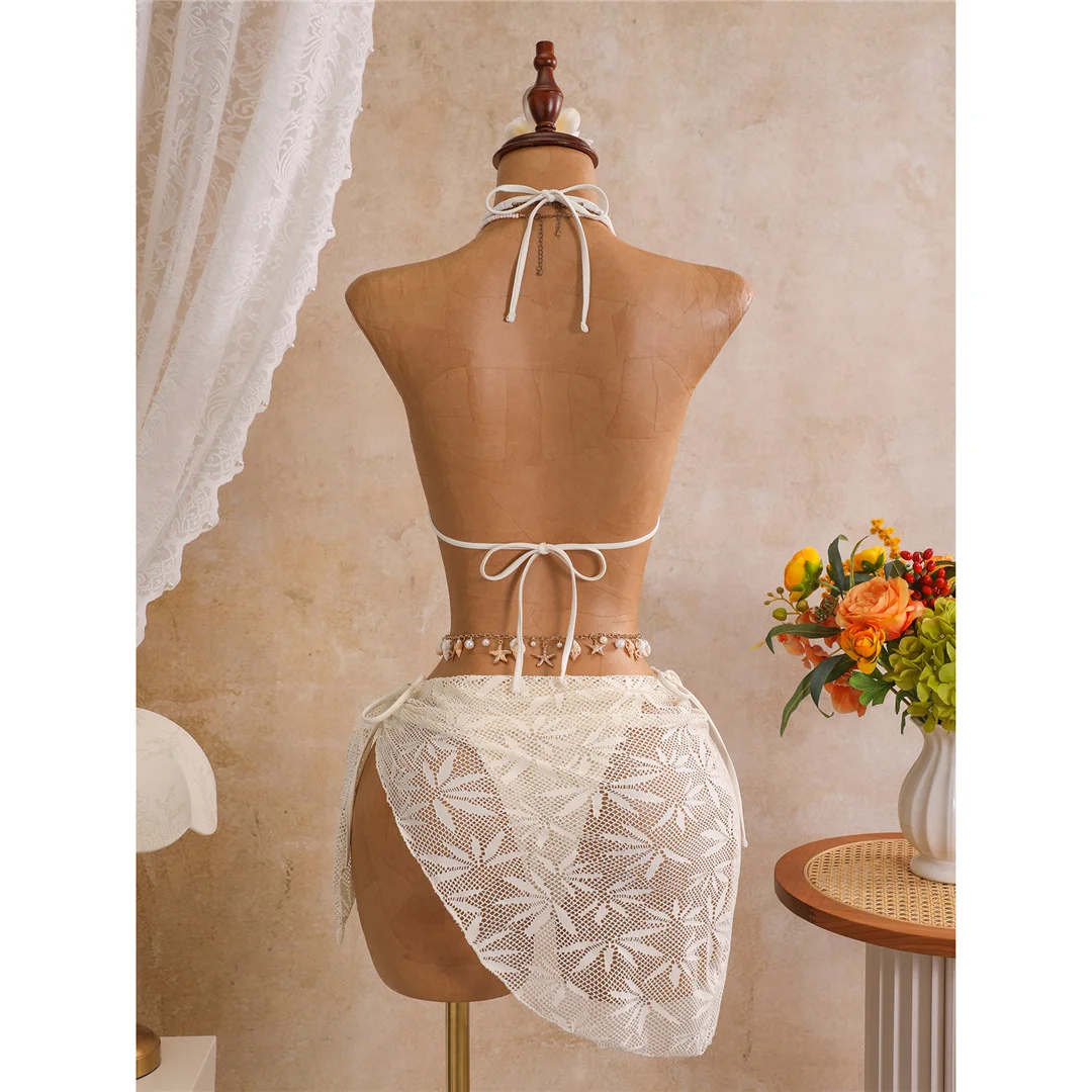 Mit Sarong-Blättern bedruckter Neckholder-Bikini, Damen-Badeanzug, dreiteiliges Bikini-Set, Badebekleidung, Badeanzug, Schwimmanzug V8367 – Detail 16