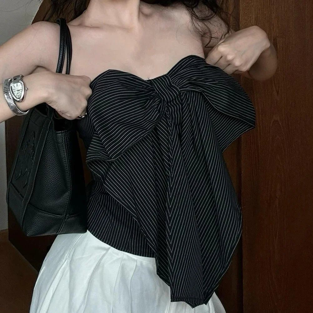 Gilet à la mode avec détail de nœud, gilet à la mode, Style fille chaude, haut rayé avec nœud noir, vêtements de vacances, tout neuf, usage quotidien