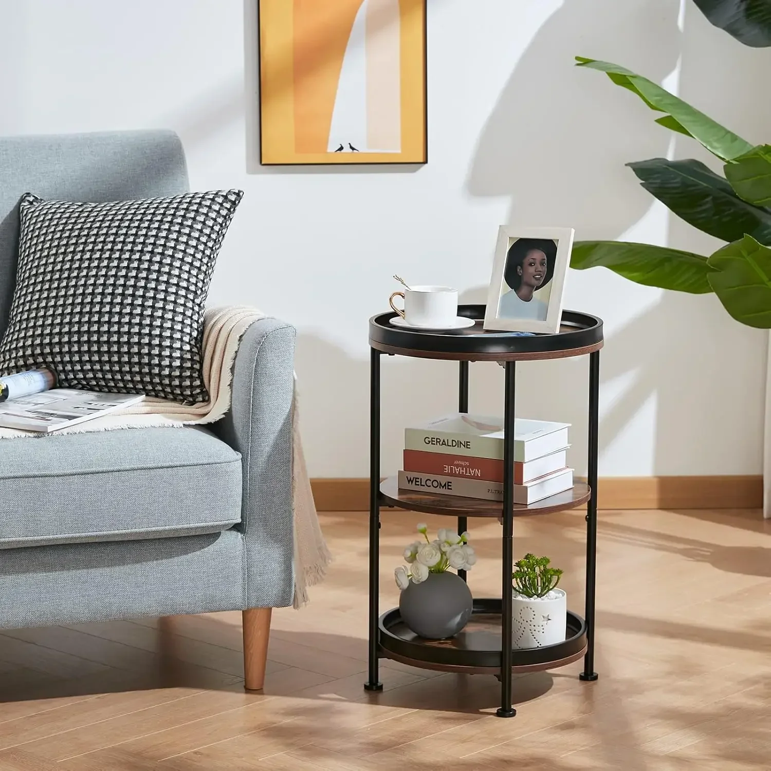 Side Table, Round End Table with 3 Storage Shelves for Living Room, Bedroom, Nightstand with Steel Frame for Small Spaces