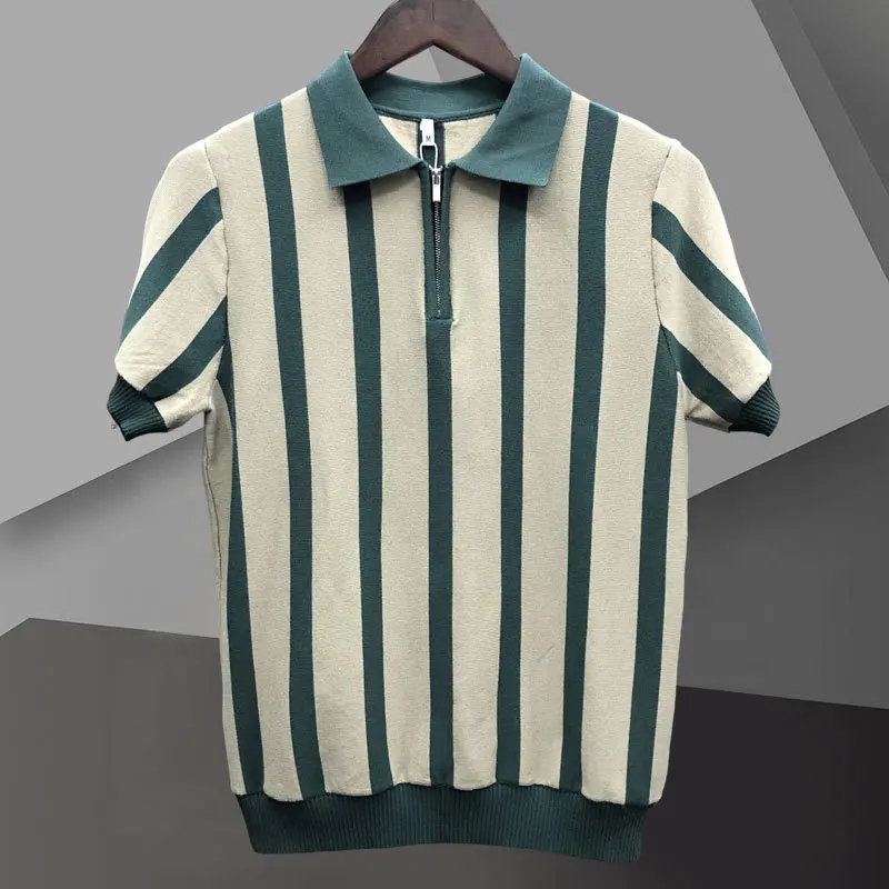 2023 Contrasting Stripes Casual Slim Lapel Polo Men\'s Shirt Summer Zipper Knit Lapel T-shirt Polo Mannen Polo  Camisa Hombre