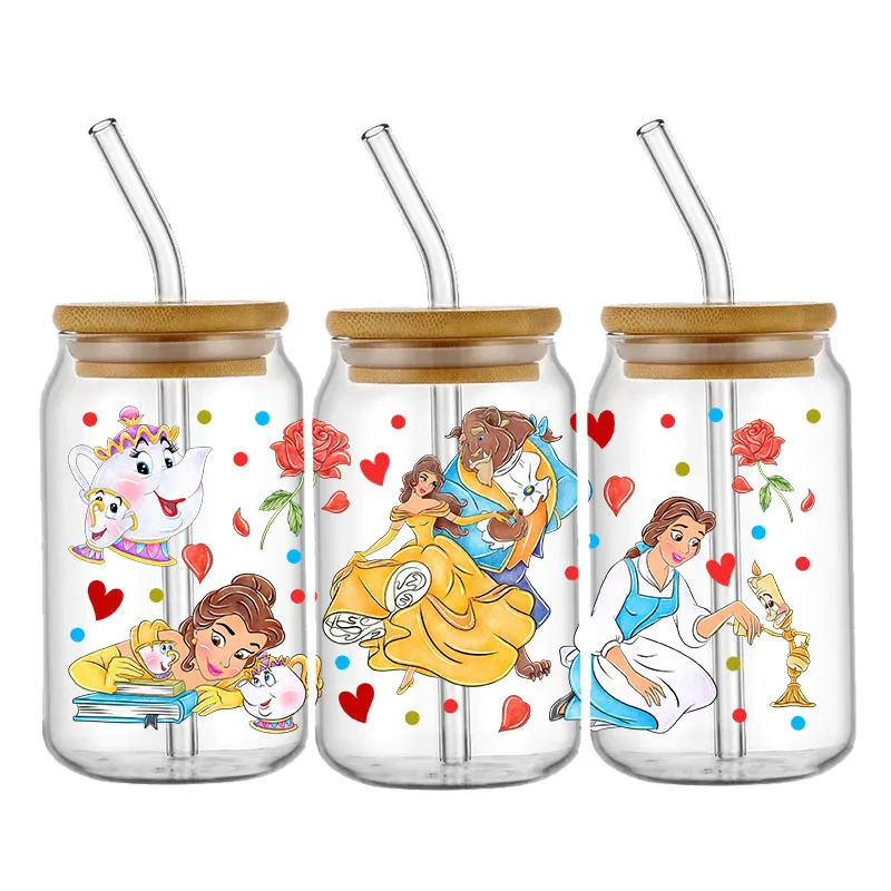 Disney Animated Movies Princess UV DTF Cup Wraps Transfer Sticker For 16OZ Glass Libbey Can Bottle Washable DIY Custom