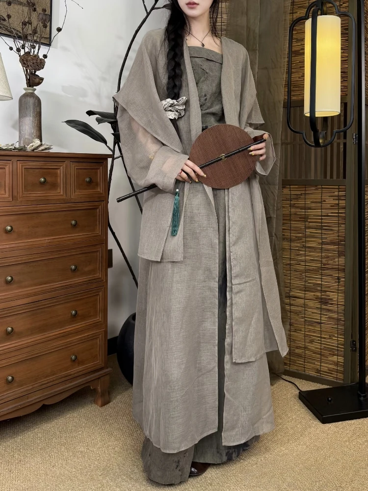 

New Chinese Sle awl Coat irt Dyeing Wood Long Skirt Windbreaker Jaet Vintage Straight Cut Linen Spring Autumn Winter