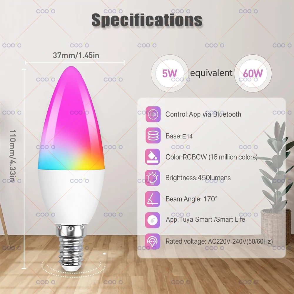 COOLO Tuya Smart Life E14 Bluetooth Smart Candelabra Light Bulbs 5W RGB+CW LED Lamp AC 220V-240V Dimmable Crystal Group Lamps