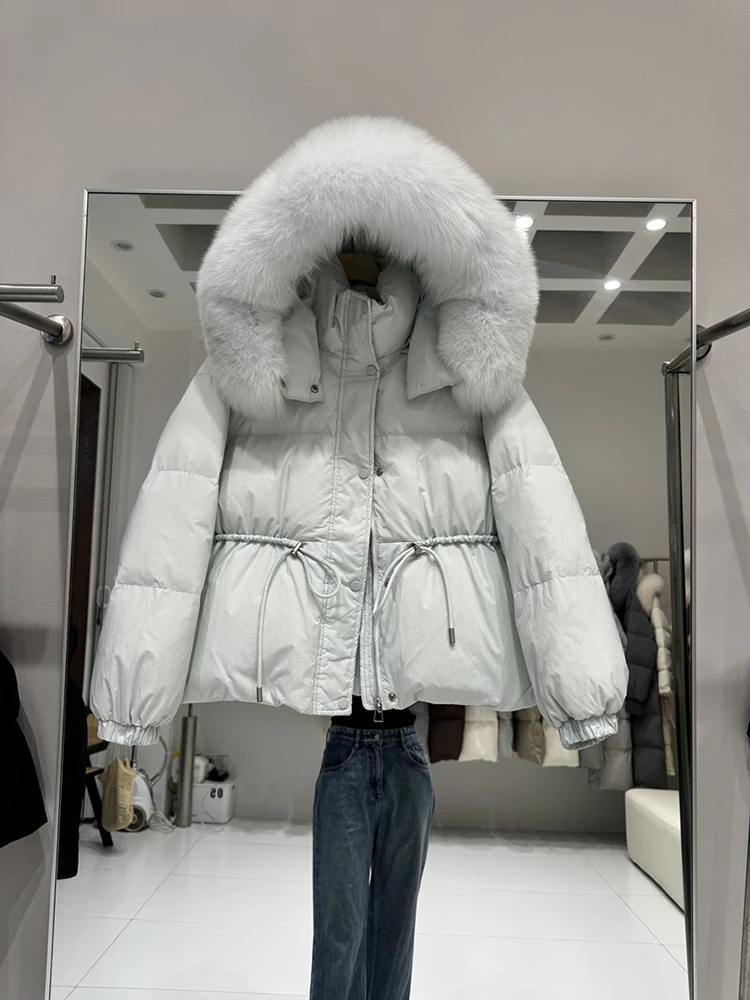 2025 Winter New Korean Version Fox Big Hair Collar Down Jacket Women's Short Style Loose Waist Cincined Thick Coat Trendy