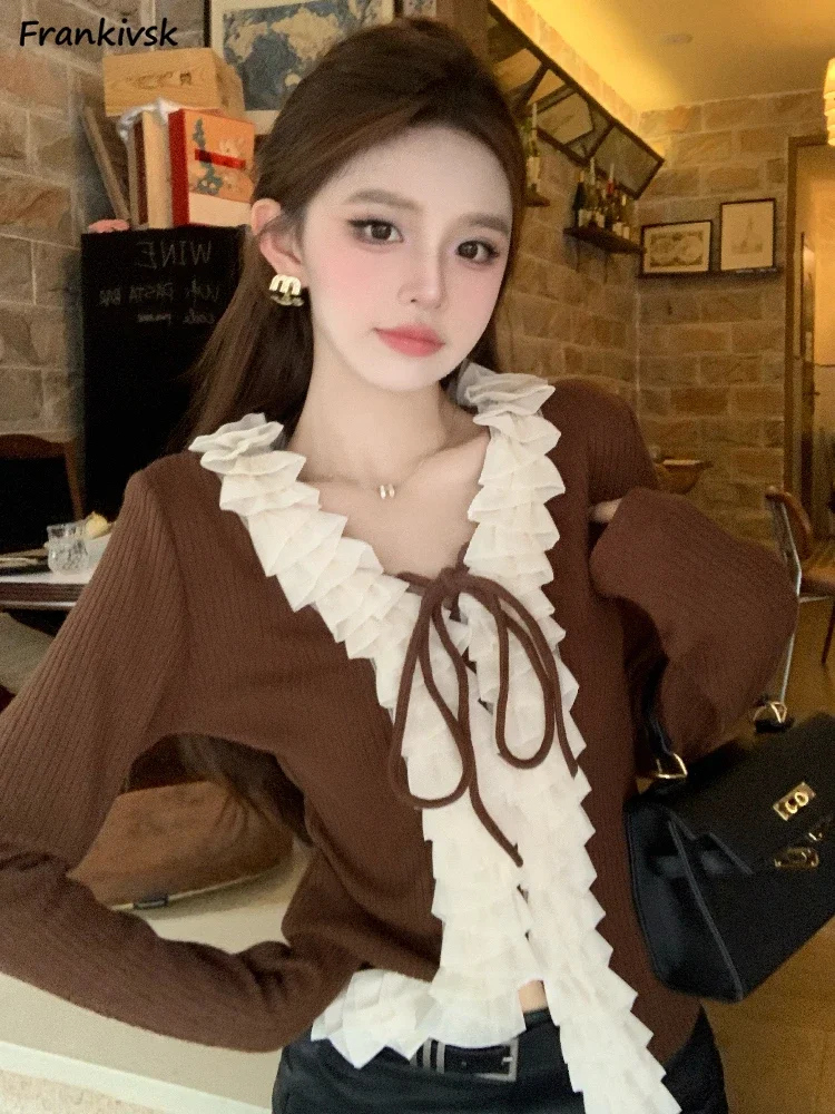 

V-neck Sweaters Women Ruffles Lace-up Autumn Winter Maillard French Style Elegant Long Sleeve Versatile Lounge Ladies Tops Chic