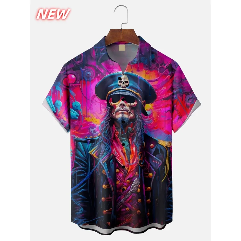 القرش الدجاج القط نمط قميص هاواي صيفي الرجال الهيكل العظمي ثلاثية الأبعاد مطبوعة قصيرة الأكمام بلوزة ملابس بحر عادية زر قمصان ألوها فضفاضة #2