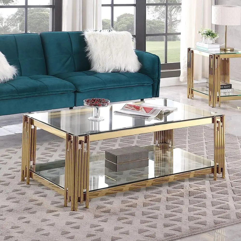 

Modern 2-Tier Glass Coffee Table with Storage, Gold Framed Living Room Furniture, Clear Glass for Home Office