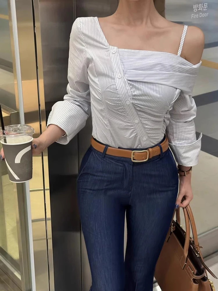 Ele Autumnal Tie-Slip Striated Women's Slim-Fit irt Asymmetric Oulder-Length Sve Sli Commute Mohamed Naznica Diego Diego Diego Diego Diego Diego Diego킹