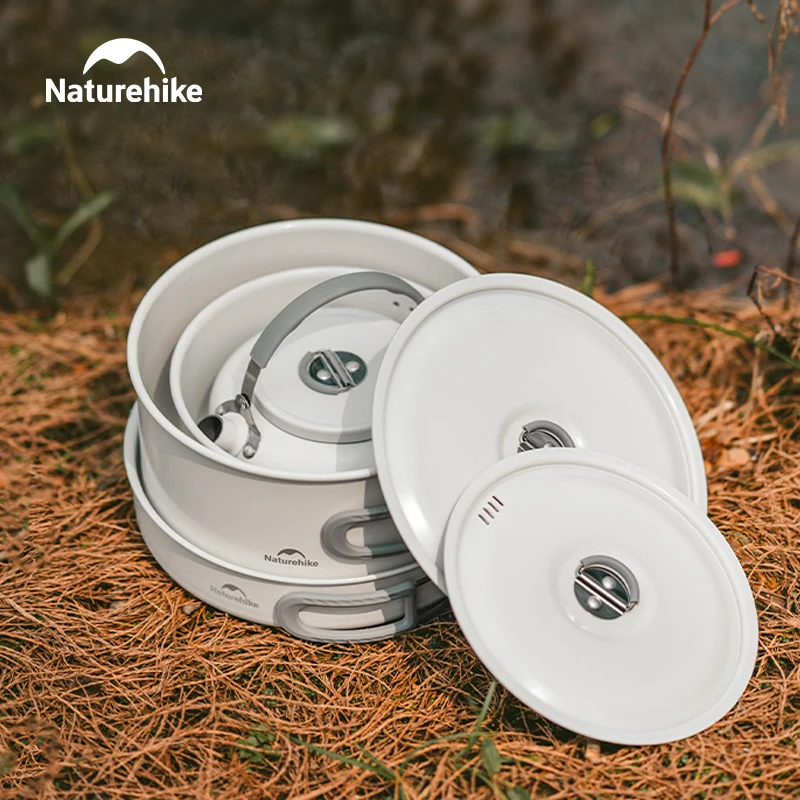 Zestaw naczyń kempingowych Naturehike, nieprzywierające garnki, przenośne naczynia stołowe na zewnątrz, czajnik, patelnia, zestaw kuchenny, przybory kuchenne.