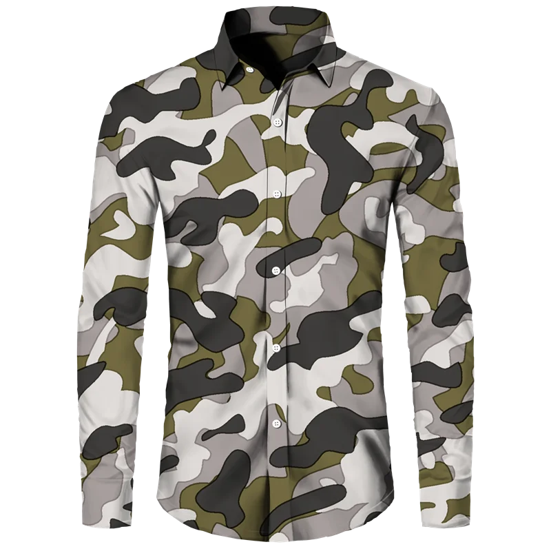 Outdoor Camouflage Print Men\'s Shirts Casual Single-Breasted Blouses Long Sleeve Shirt Streetwear Trend Lapel Tops Men Clothing