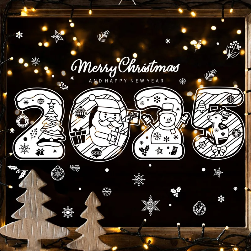 

1pcs Merry Christmas Window Stickers 2025 Santa Claus Snowman Elk Window Sticker Wall Sticker Home Decor New Year Party Supplies